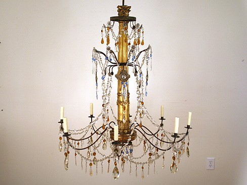 Pair of Giltwood and Clear Amber and Blue Glass 8-Light Chandeliers