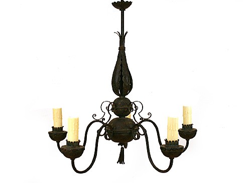 Cast Iron and Tole Green Painted 5-Arm Chandelier
