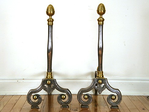 Pair of Cast Steel and Brass Andirons with Acorn Finials