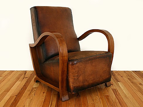 Beechwood and Leather Upholstered Open Armchair