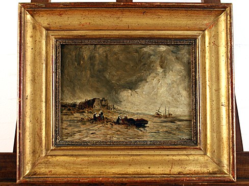 Oil on Board, Women Tending to Fishing Nets on the Coast with Ships and a Storm in the Distance