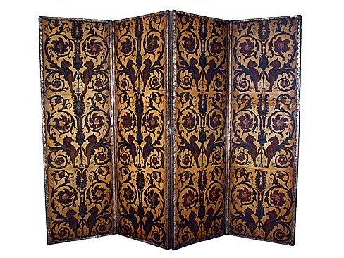 Leather, Silver Gilt, and Polychrome Painted 4-Panel Screen