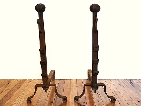 Pair of Wrought Iron Octagonal Ball Finial Andirons with 3 Bar Holders