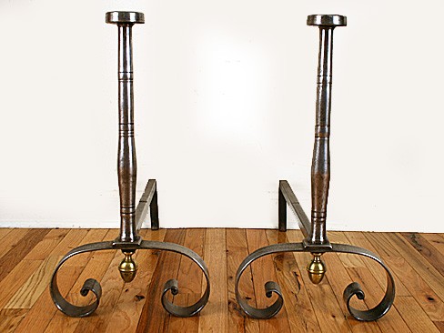 Pair of Polished Steel Flathead Andirons with Downturned Brass Acorn Finials
