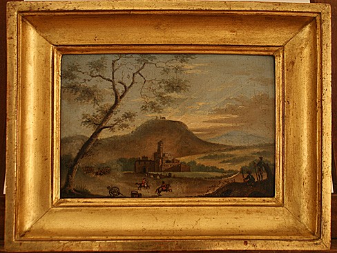Oil on Wooden Panel, Armies Preparing for Battle Below a Castle