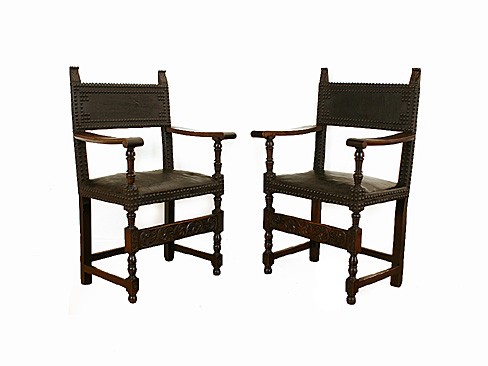Pair of Walnut and Leather Upholstered Poltroni