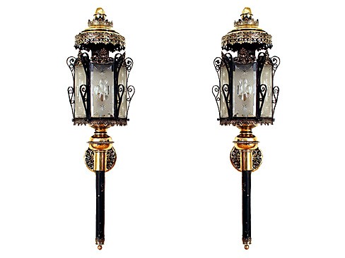 Pair of Iron, Brass, and Etched Glass Wall Lanterns