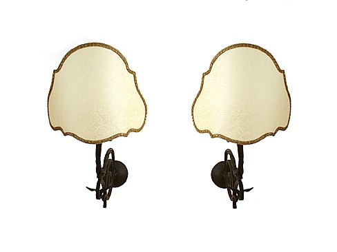 Pair of 1-Light Wrought Iron Sconces with Custom Shades
