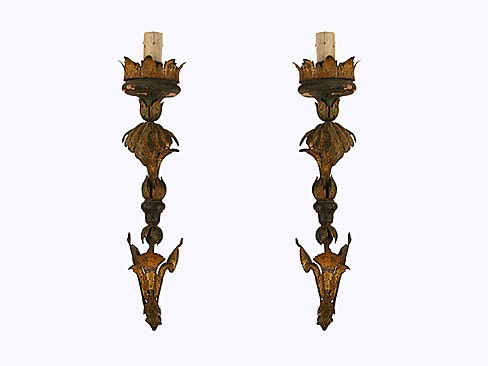 Pair of Wrought Iron, Gilt Metal, Giltwood, and Faux Marble Painted 1-Arm Appliques