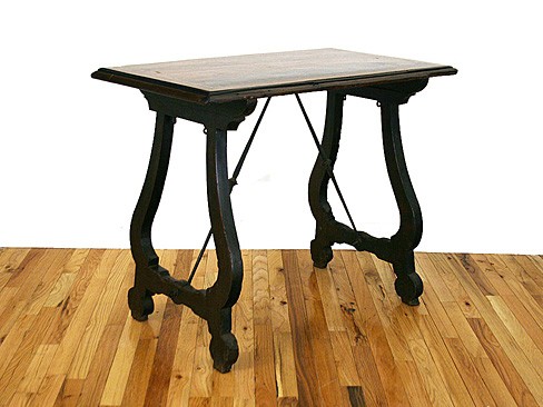 Walnut and Ivory Inlaid Table with Iron Stretchers