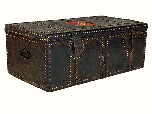 Leather Covered and Iron-Bound Trunk with Crest of Spain