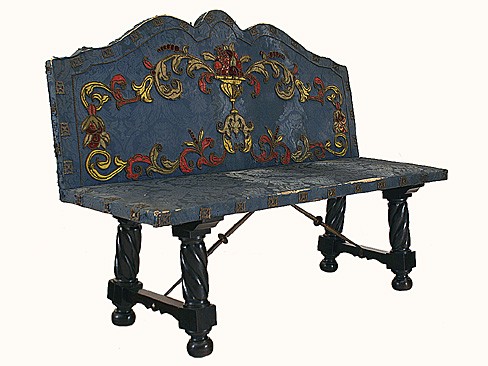 Walnut and Upholstered Hall Bench with Iron Stretcher