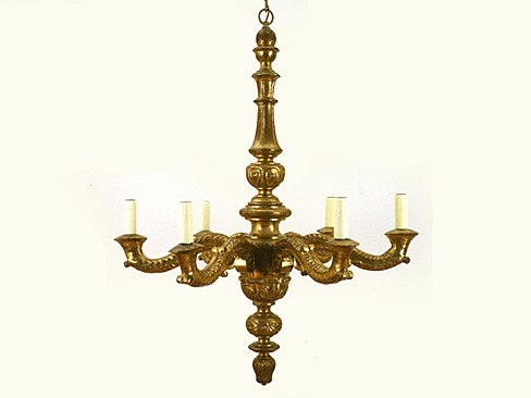 Large Carved Giltwood 6-Arm Chandelier