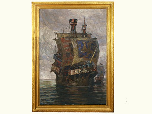 Oil on Canvas, Galleon Advancing in Full Sail