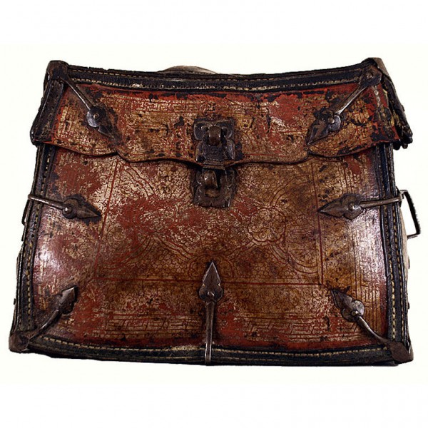 Tooled and Painted Leather and Wrought Iron Mounted Box