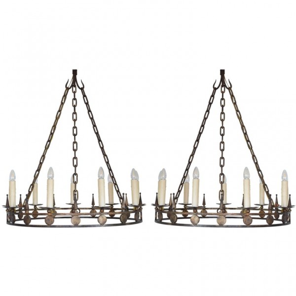 Pair of Large Gilt Painted Iron 9-Light Chandeliers
