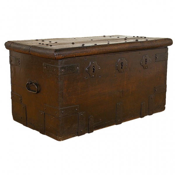 Walnut and Iron Bound Three Lock Trunk