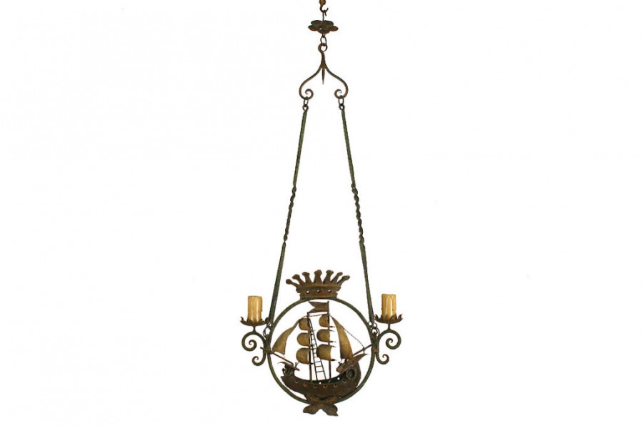 Wrought Iron and Tole Painted 2-Light Ship Chandelier