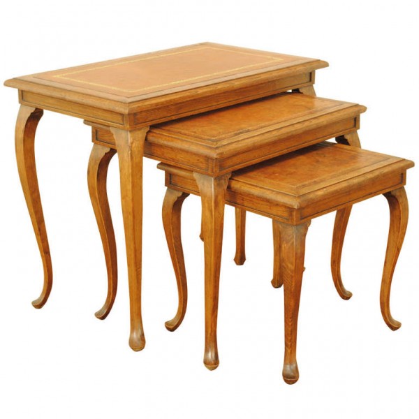 Set of 3 Oak and Leather Covered Nesting Tables