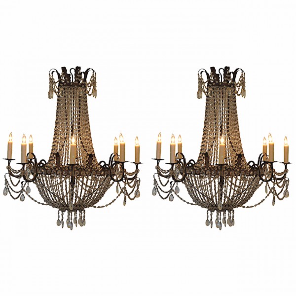 Pair of Gilt Metal and Glass 8-Light Chandeliers