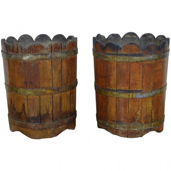 Pair of Brass Bound Wooden Planters with Scalloped Tops