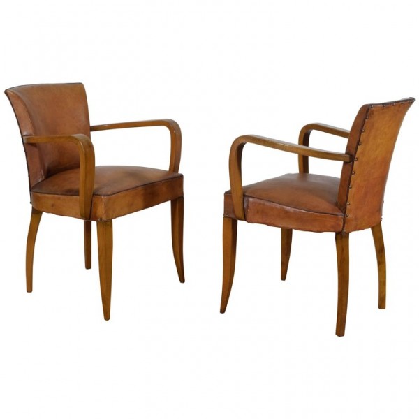 Pair of Light Walnut and Leather Upholstered Armchairs