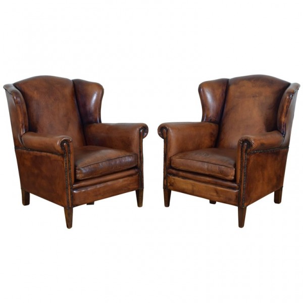 Pair of Cognac Colored Leather Wing Chairs