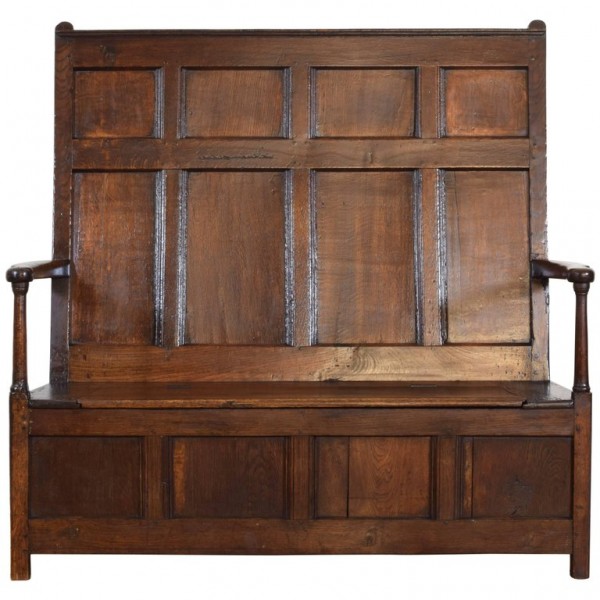 Paneled Back Dark Oak Settle with Storage