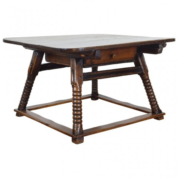 Walnut and Pine Kitchen Table with Large Sliding Drawer