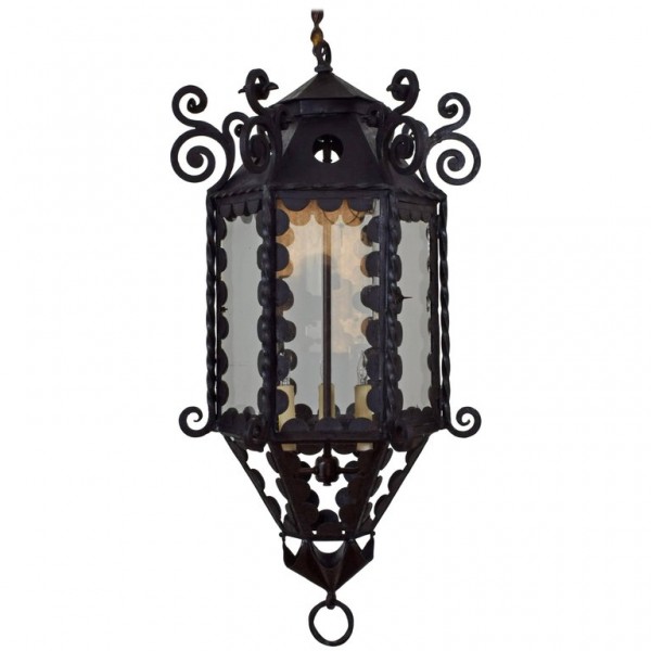 Wrought Iron, Metal, and Glass Lantern