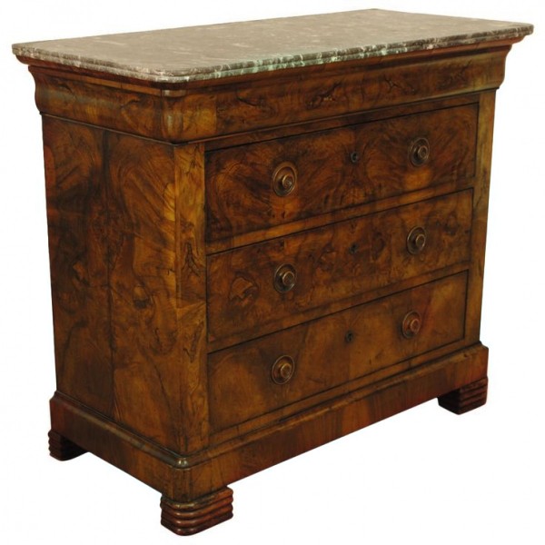 Burled Walnut 3-Drawer Marble-Top Commode