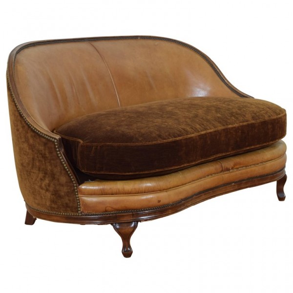 Walnut Settee Upholstered in Leather and Velvet