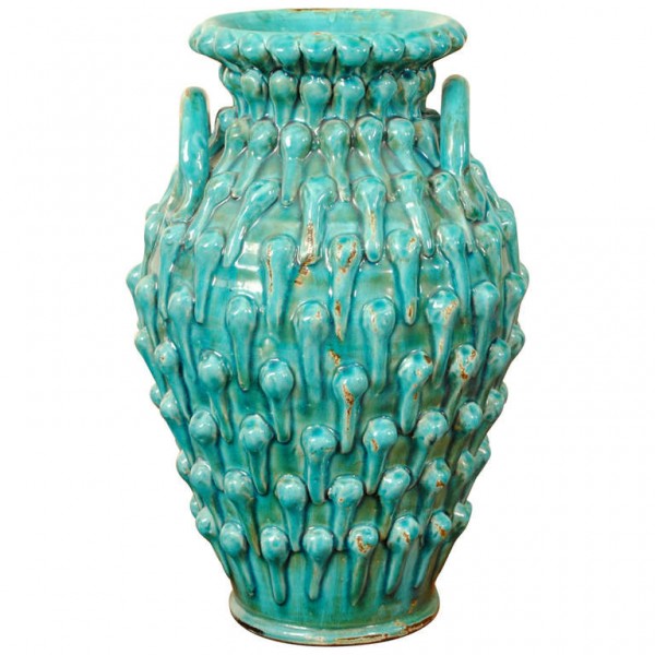 Blue Painted and Glazed Ceramic Handled Vase