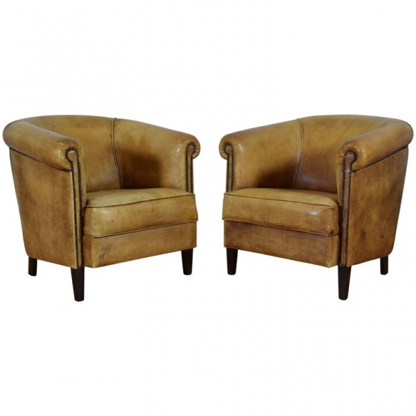 Pair of Light Tan Leather Club Chairs