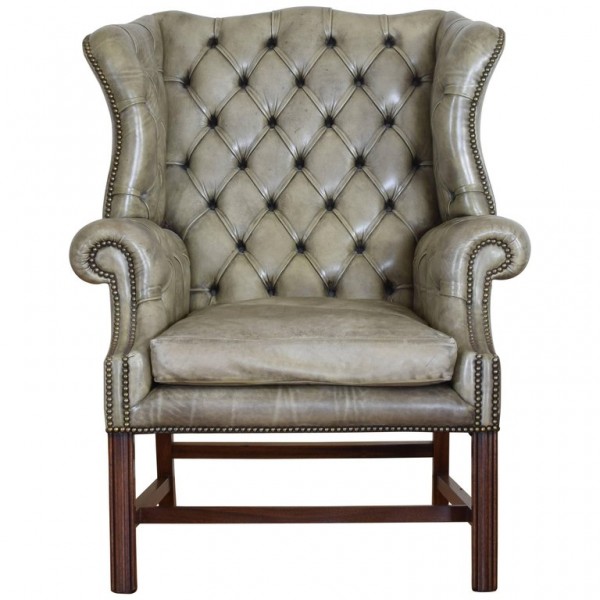 Mahogany and Tufted Leather Wing Chair