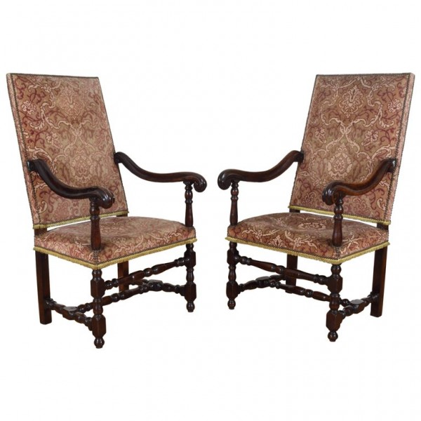 Pair of Walnut and Upholstered Armchairs