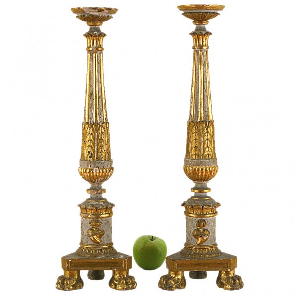 Pair of Giltwood and Grey Painted Candlesticks