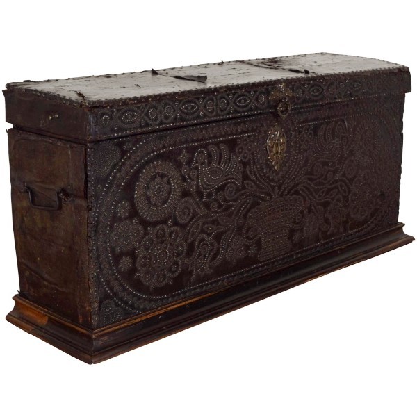 Leather Covered and Brass Decorated Traveling Chest