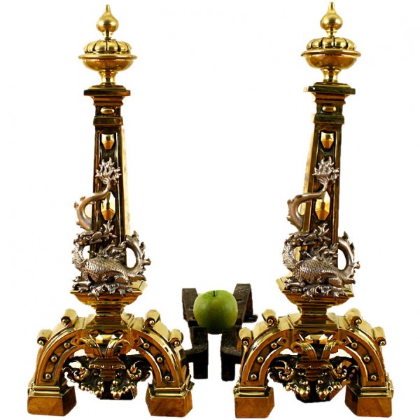 Pair of Brass and Silver-Plated Andirons