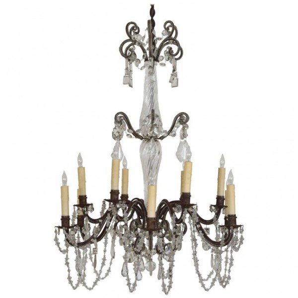 Gilt Iron and Murano Glass 12-Light Chandelier