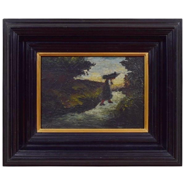 Oil on Canvas of a Woman on a Path with Sticks Mounted in Ebonized Frame