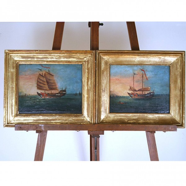 Pair of Oils on Canvas, Depicting Junks in a Harbor