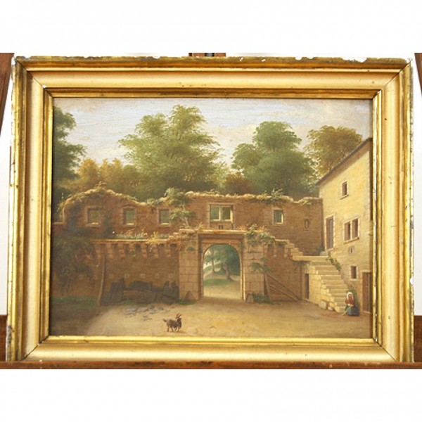 Oil on Canvas, Woman and Goat in Courtyard