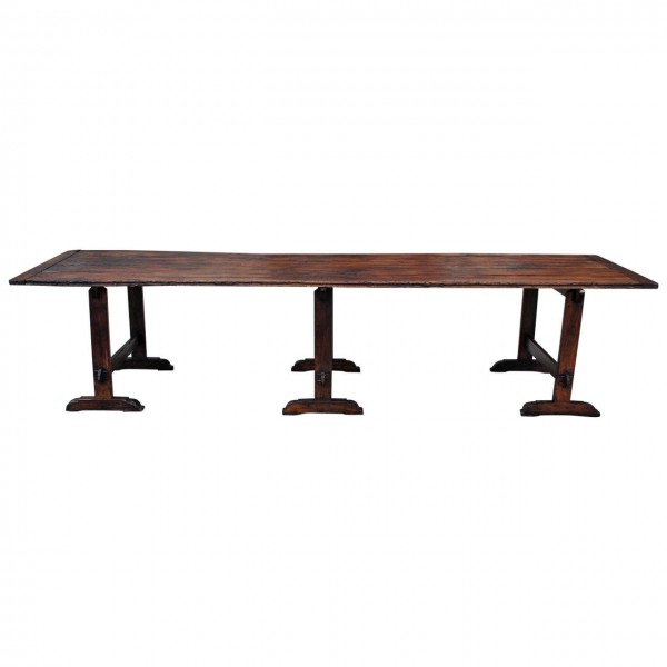 Stained Pinewood Large Triple Trestle Dining Table