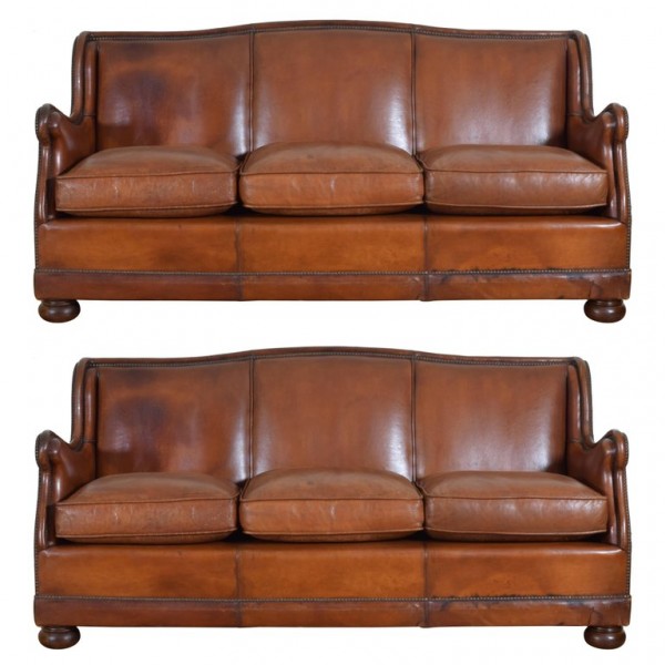 Pair of Leather Sofas with Down Cushions