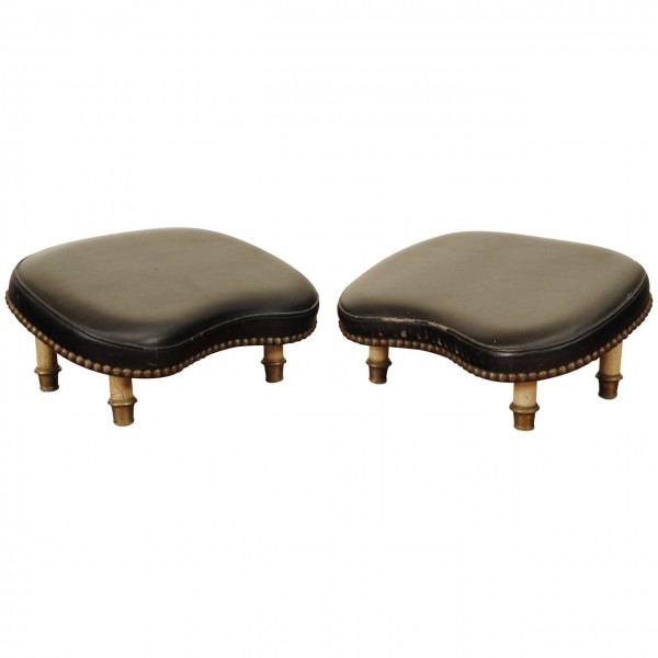 Pair of Brass and Black Leather Footstools