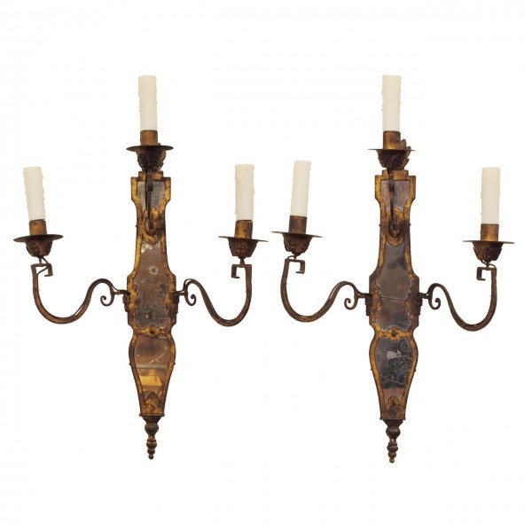 Pair of Gilt Metal and Mirrored 3-Light Wall Sconces