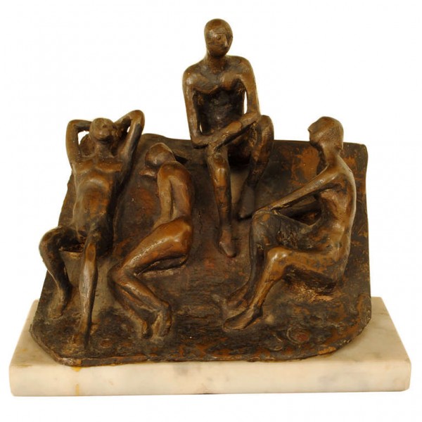 Bronze Figural Group on Marble Base "Looking For Answers"