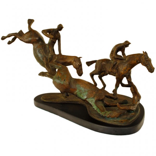 Figural Bronze Group on Marble Base, "Steeplechase" Unsigned