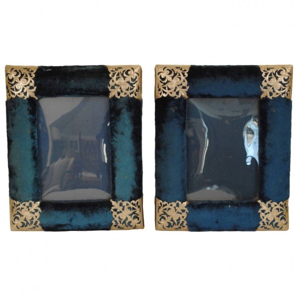 Pair of Turquoise Velvet Frames with Silver Filigree Detail